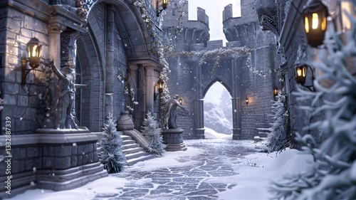 A snowy, dark castle courtyard with a large archway. The archway is lit by candles and the courtyard is empty