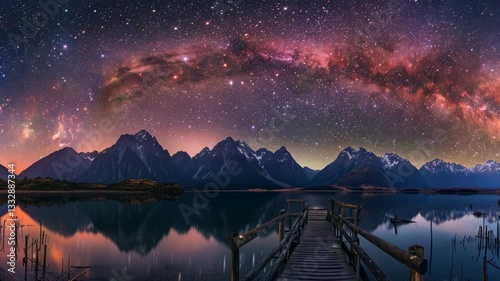 A beautiful night sky with a large, colorful moon and a large body of water. The sky is filled with stars and the moon is shining brightly. The water is calm and peaceful