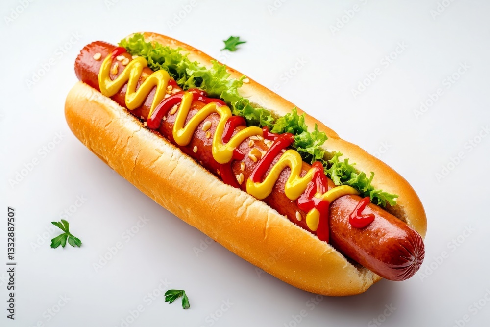 Delicious hot dog topped with mustard, ketchup, and fresh lettuce ready for a summer barbecue or picnic