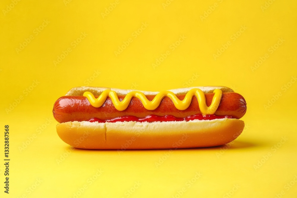 Delicious hot dog with mustard and ketchup served against a bright yellow background