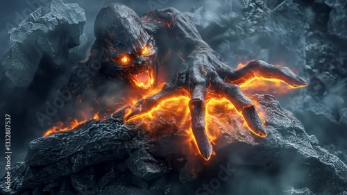 A monster with glowing red hands is reaching out to grab something. The image has a dark and ominous mood, with the monster appearing to be a terrifying force of nature. The glowing red hands