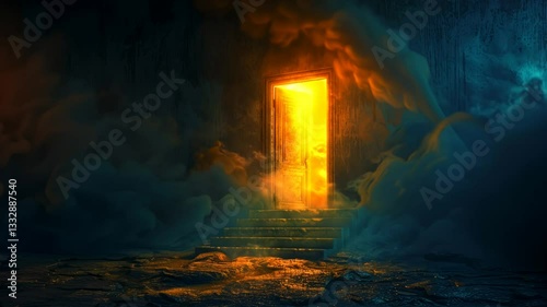 A door is open in a dark cave with smoke and steam coming out of it. The scene is eerie and mysterious, with the door being the only source of light in the room