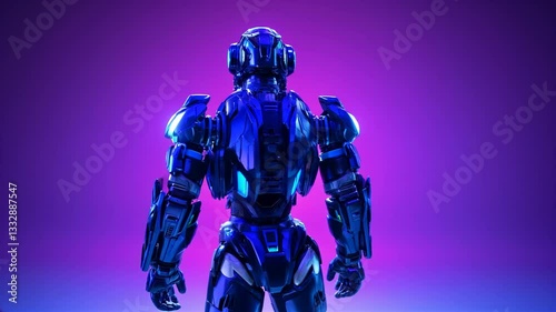 A robot with a blue helmet and a glowing head. The robot is standing in front of a purple background