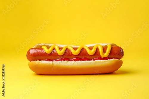 Obraz na płótnie Delicious hot dog with mustard and ketchup served against a bright yellow background w salonie
