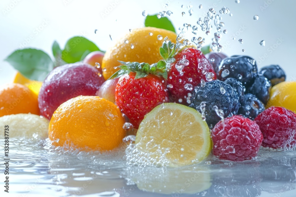 Fresh fruits splash in clean water creating a refreshing scene with vibrant colors in a bright setting