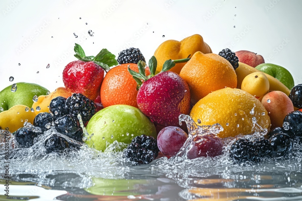 Fresh assortment of colorful fruits splashing into clear water creating dynamic visual appeal in a vibrant setting