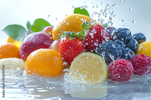 Obraz na płótnie Fresh fruits splash in clean water creating a refreshing scene with vibrant colors in a bright setting w salonie