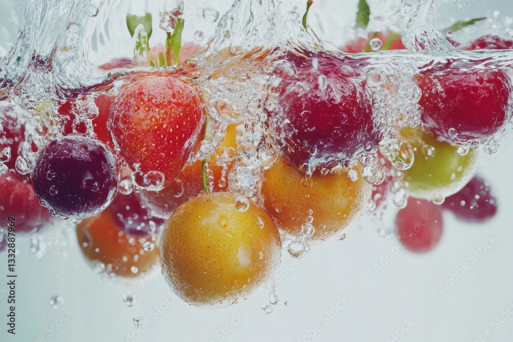 Fresh fruits splashing in water create a vibrant and refreshing scene in a kitchen setting