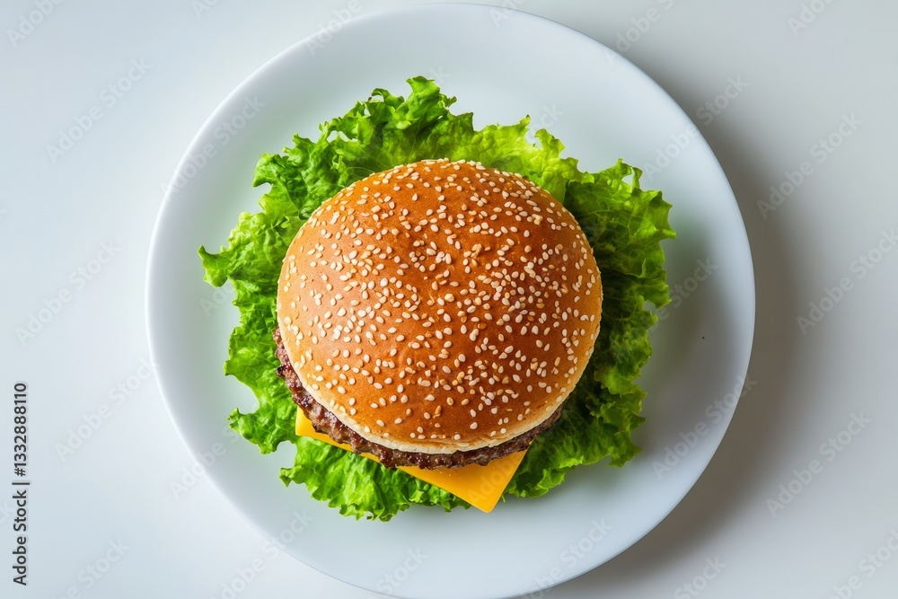 Freshly made cheeseburger on a bed of crisp lettuce presented on a white plate in a clean setting