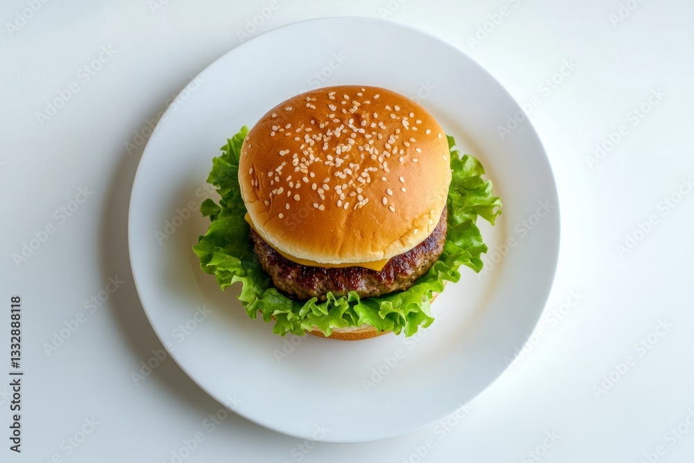 Delicious homemade burger with fresh lettuce and sesame seed bun on a white plate ready to be enjoyed at lunchtime