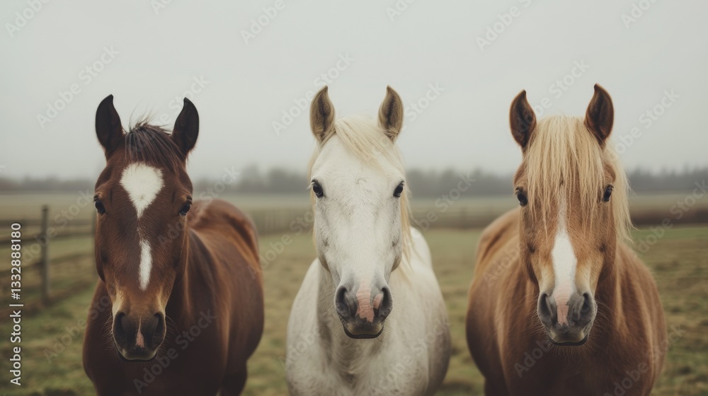 Obraz premium Three horses, brown, white, and light brown, stand in a foggy field.