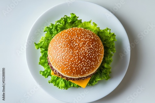 Obraz na płótnie Freshly made cheeseburger on a bed of crisp lettuce presented on a white plate in a clean setting w salonie