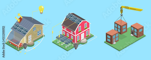 3D Isometric Flat Vector Illustration of Energy-plus Houses, Showcasing Innovative Private Construction Technologies