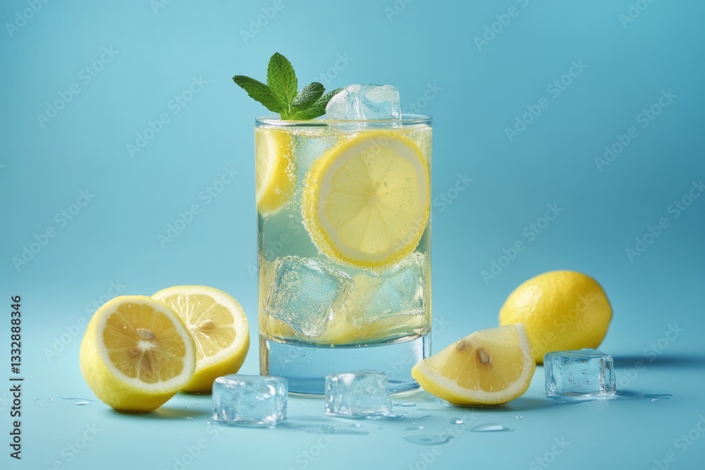 Refreshing lemon drink with ice and mint on a vibrant blue background in a summer setting