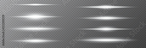 Set of white light rays.Horizontal lines of light.On a transparent background.