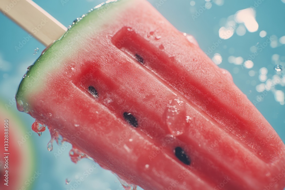 Refreshing watermelon popsicle with vibrant colors splashing in the background during a sunny summer day