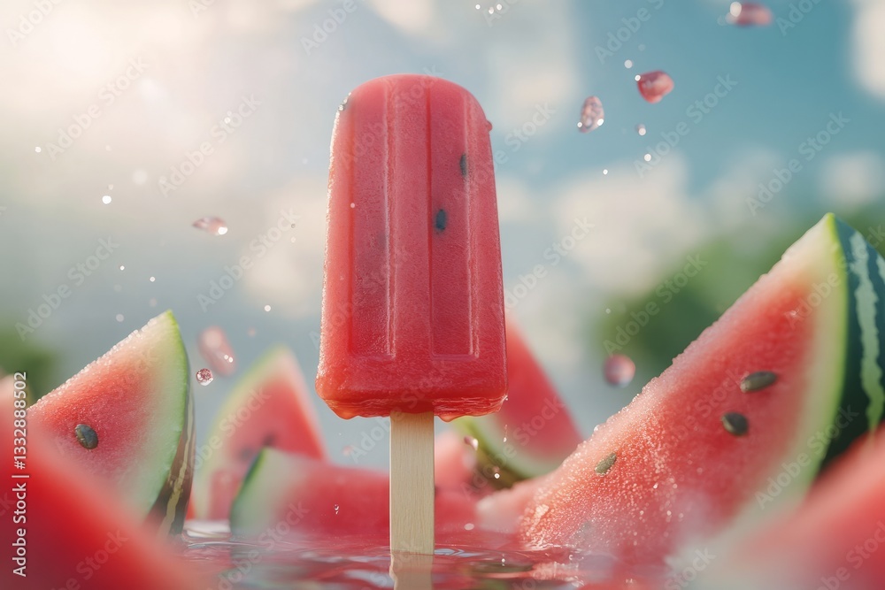 Watermelon popsicle surrounded by fresh watermelon slices in a sunny summer setting