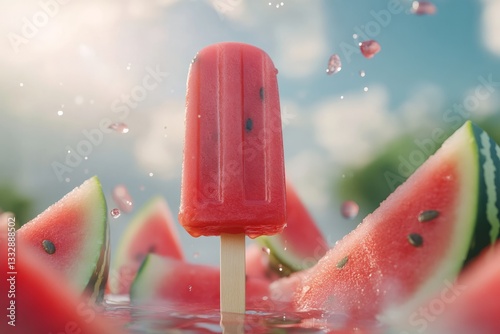 Obraz na płótnie Watermelon popsicle surrounded by fresh watermelon slices in a sunny summer setting w salonie