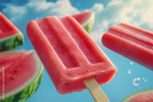 Vibrant frozen watermelon popsicle in a sunny summer setting with fresh watermelon slices in the background