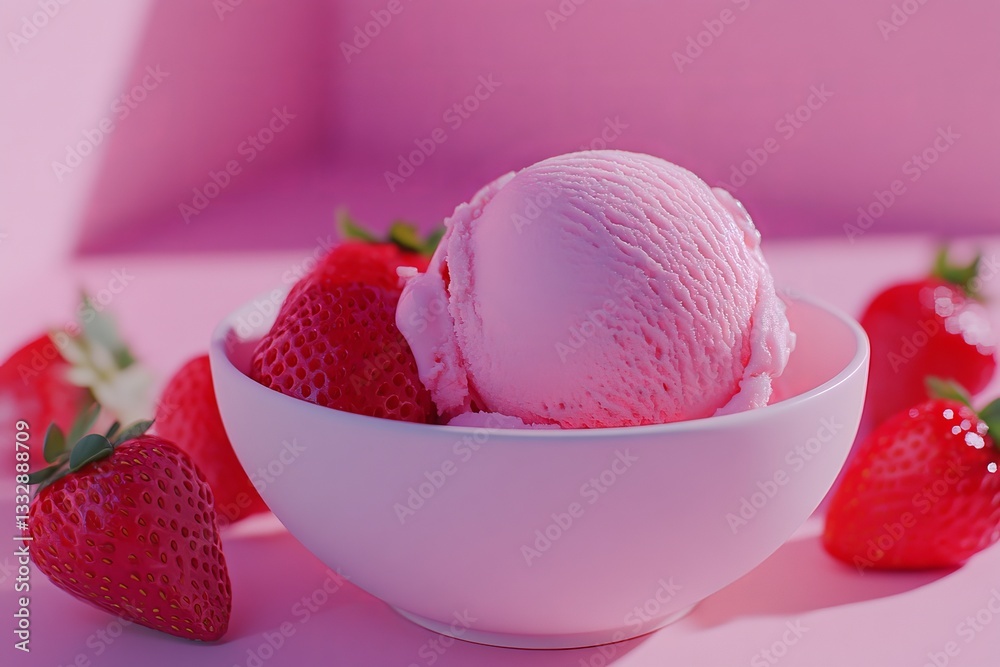 Strawberry ice cream served in a white bowl with fresh strawberries on a pink background during a sunny day