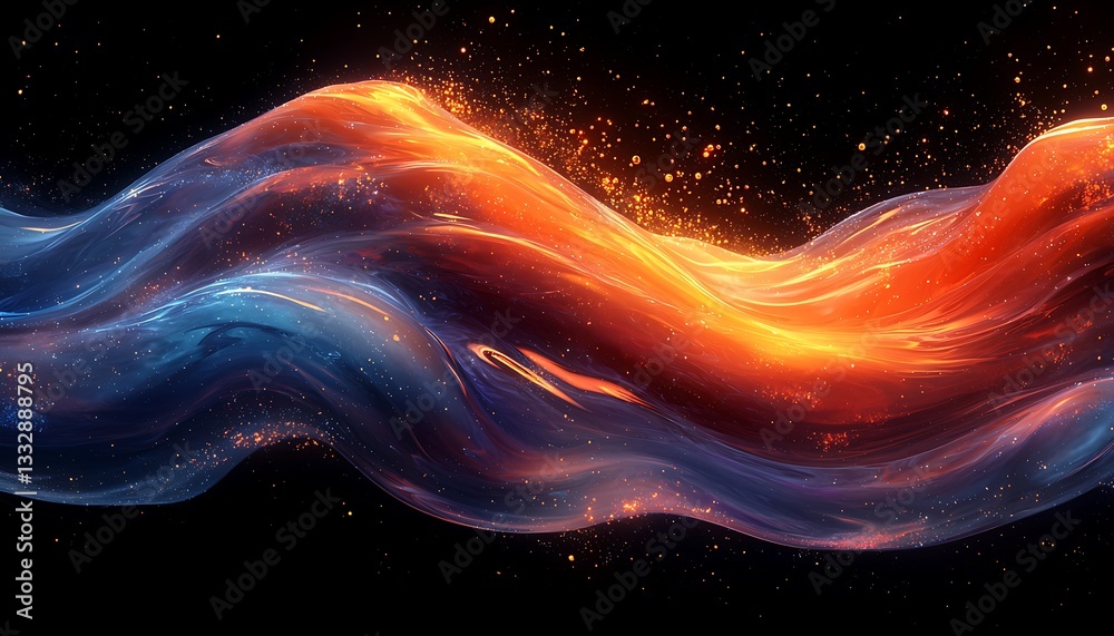Fototapeta premium Abstract fiery and watery flows with glowing particles in space