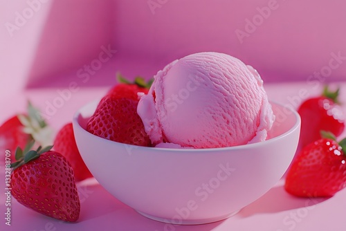Obraz na płótnie Strawberry ice cream served in a white bowl with fresh strawberries on a pink background during a sunny day w salonie