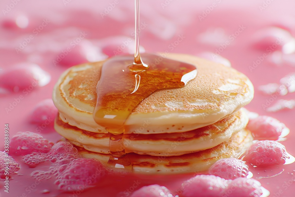 Sweet golden pancakes drizzled with syrup resting on a playful bubble-filled surface