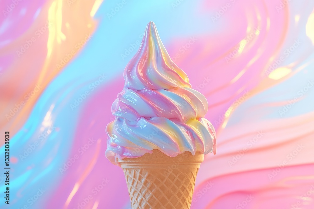 Colorful swirled ice cream cone against a vibrant pastel backdrop celebrating summer treats