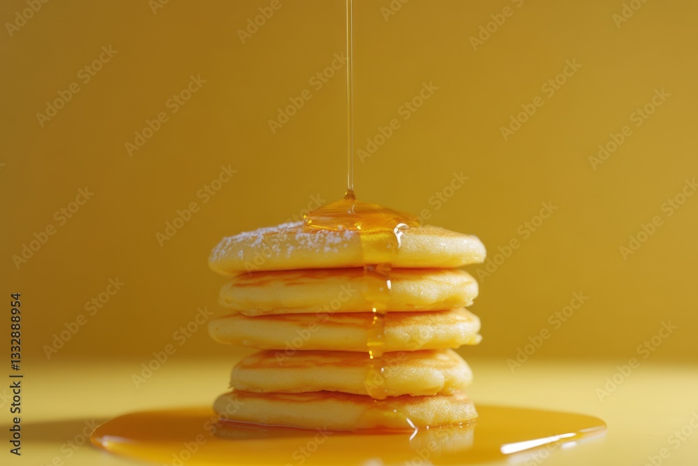 Delicious stack of fluffy pancakes drizzled with golden syrup against a warm yellow background