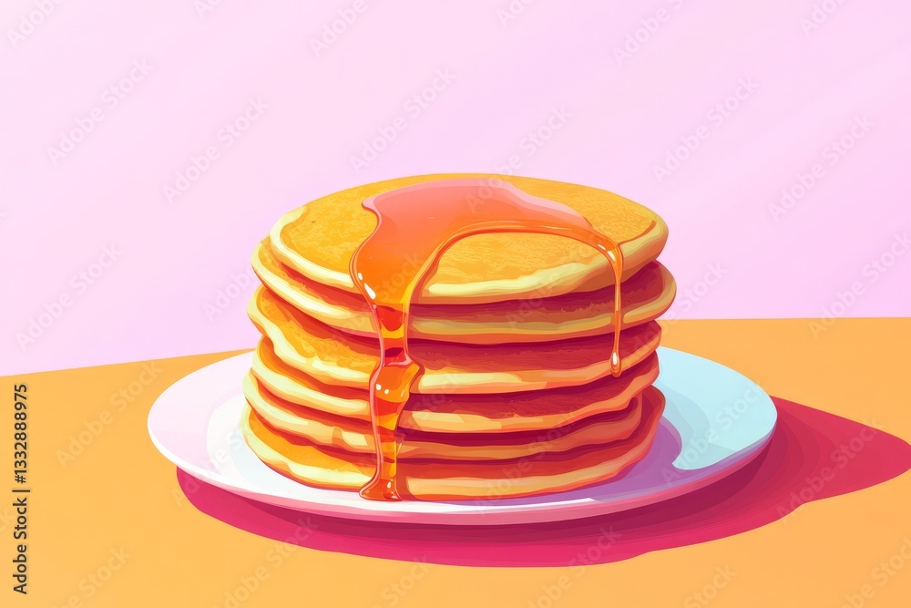 Delicious stack of pancakes with syrup on a plate against a colorful background in a cheerful kitchen setting