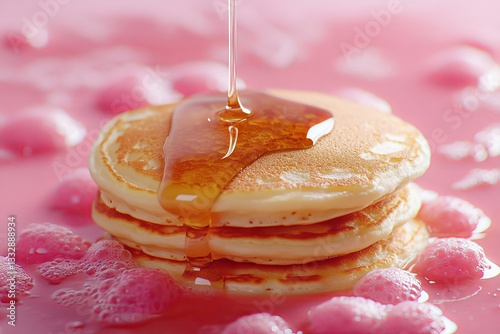Obraz na płótnie Sweet golden pancakes drizzled with syrup resting on a playful bubble-filled surface w salonie