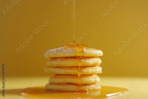 Obraz na płótnie Delicious stack of fluffy pancakes drizzled with golden syrup against a warm yellow background w salonie