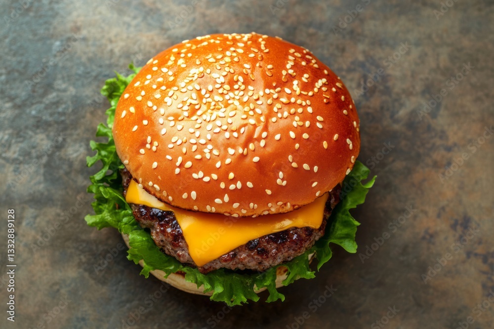 Juicy cheeseburger with sesame seed bun and fresh lettuce placed on a rustic surface