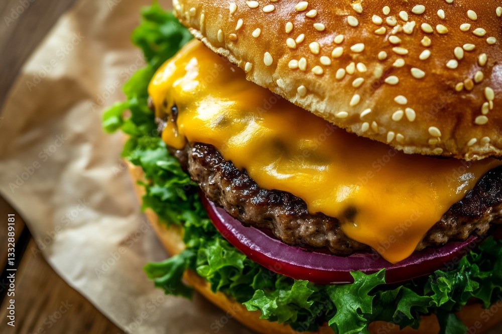 Delicious cheeseburger served with fresh lettuce and onion on a sesame seed bun at a casual dining spot
