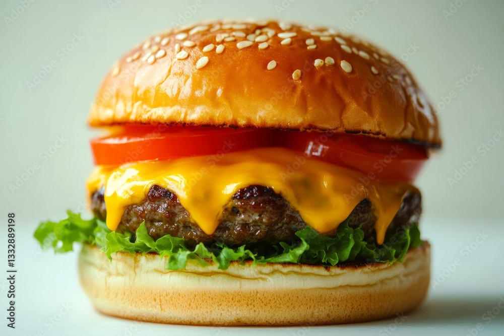 Mouth-watering cheeseburger with fresh lettuce and tomato on a toasted sesame seed bun