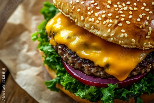 Obraz na płótnie Delicious cheeseburger served with fresh lettuce and onion on a sesame seed bun at a casual dining spot w salonie