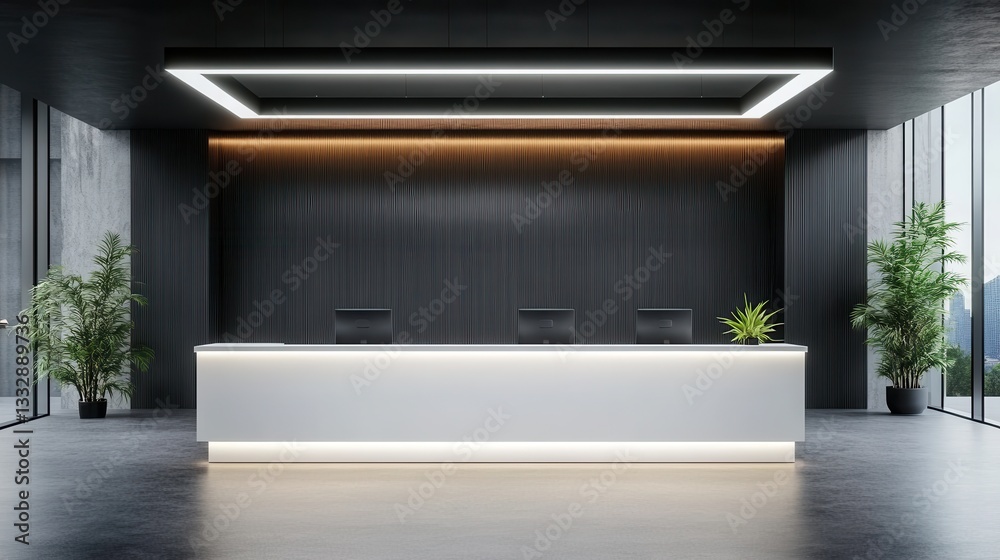 Sleek modern office lobby featuring a stylish reception desk.