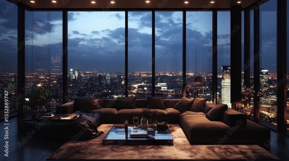 Stunning luxury penthouse living room illuminated at night.