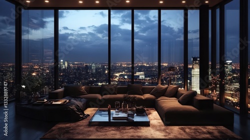 Obraz na płótnie Stunning luxury penthouse living room illuminated at night. w salonie