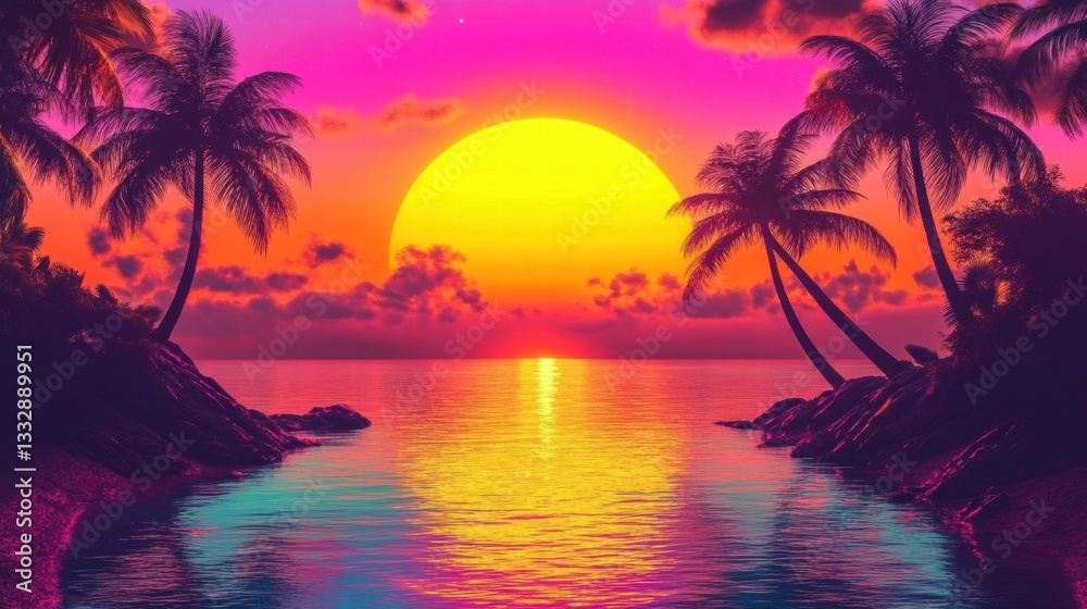 Palm Trees Framing a Nostalgic Sunset in Bold Colors
