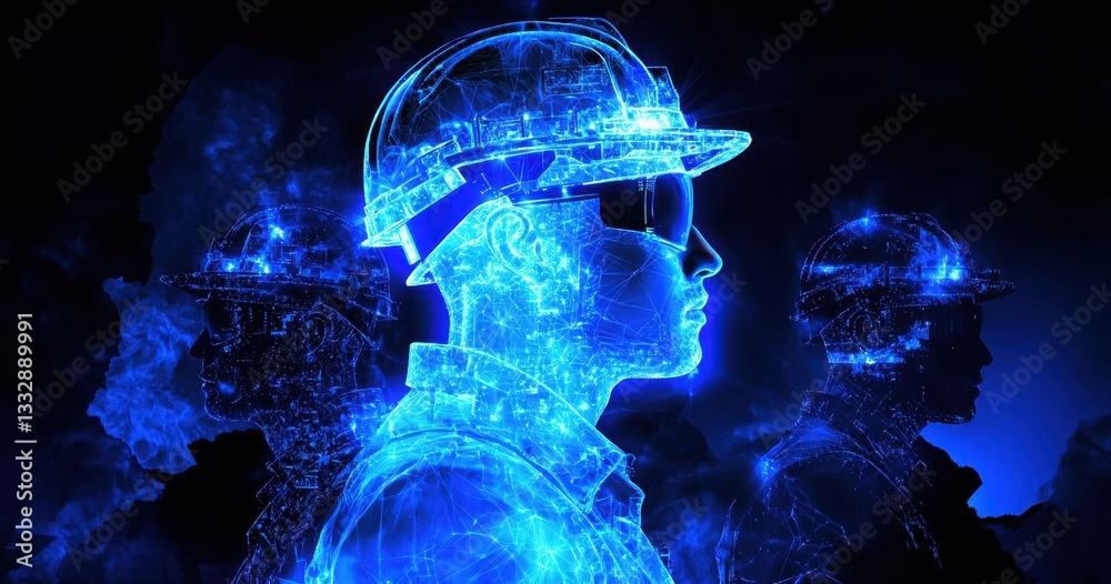 Silhouette of an engineer and miner against a coal mine backdrop.
