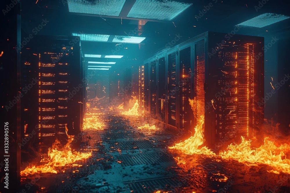 Devastating fire engulfing a server room in a data center.