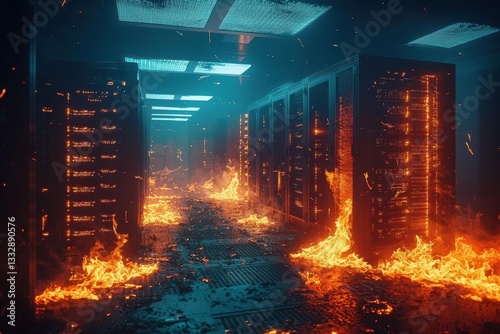 Obraz na płótnie Devastating fire engulfing a server room in a data center. w salonie