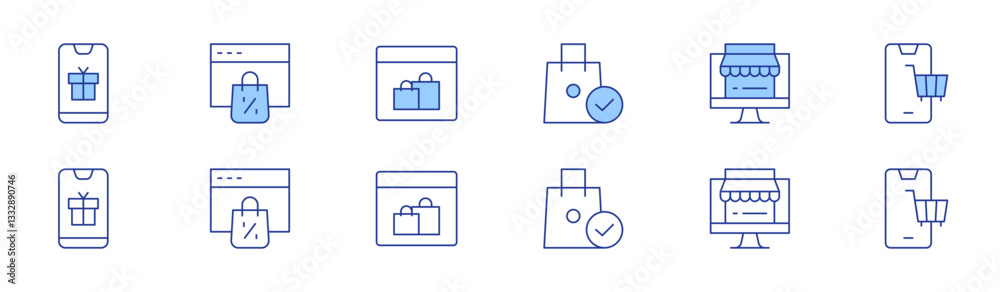 E-commerce icon set in two styles, Duotone and Thin Line style. Editable stroke. shopping bag, phone, online shopping, shopping online, shopping