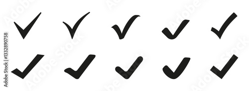 Check mark icon button set. Check box icon with right and yes checkmark icons in black tick box. Isolated checkmark symbol, right sign concept.