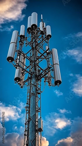Cell tower with antennas against a blue sky and scattered clouds