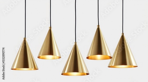 Elegant gold cone-shaped pendant lamps with a modern design, featuring sleek black cords and luxurious metallic finish. Perfect for stylish interior lighting. photo