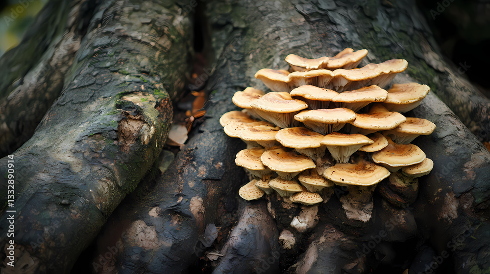 Lingzhi mushroom growing in a network of tree roots on weathered tree trunk, tree root system, fungal morphology. Shroom Network. Illustration Lingzhi mushroom growing in a network of tree roots on weathered tree trunk, tree root system, fungal morphology. Shroom Network. Illustration