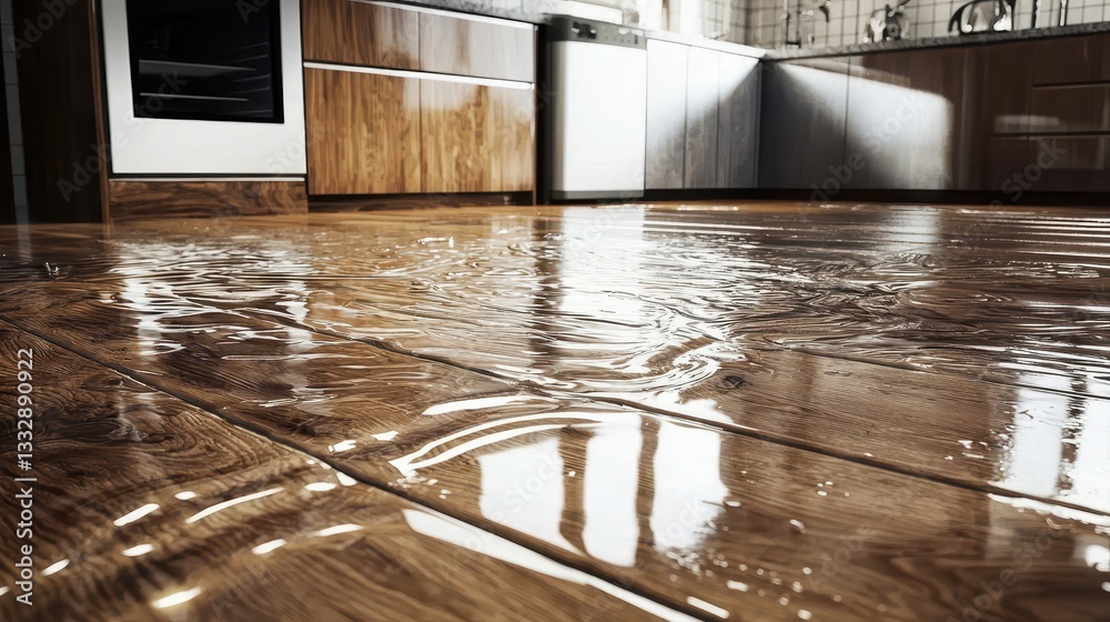 Flood damage in kitchen resulting from a water leak.