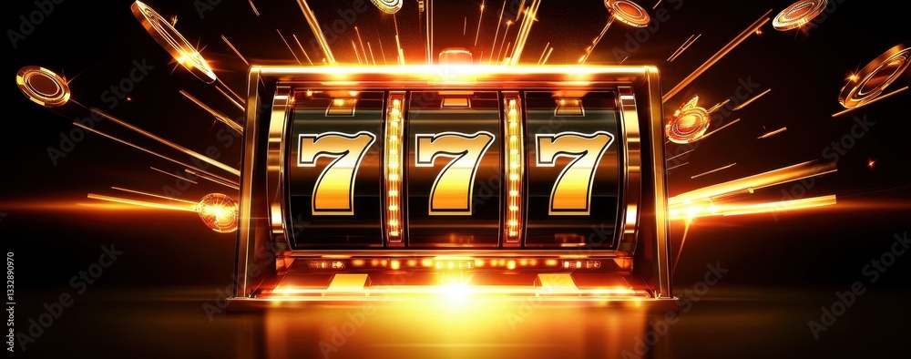 Golden jackpot slot machine featuring winning combination Exciting casino banner design showcasing slot machine success.